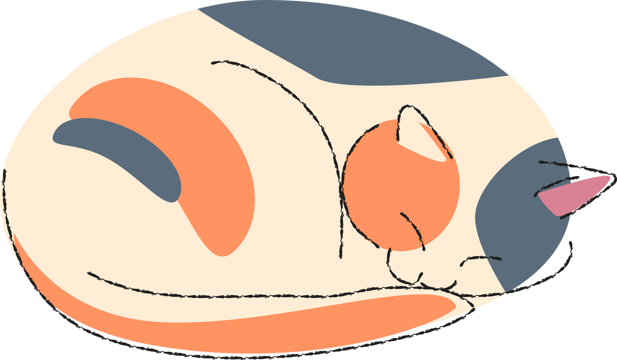 Tricolor cat is sleeping . Cute cartoon characters . Flat shape and line stroke design .